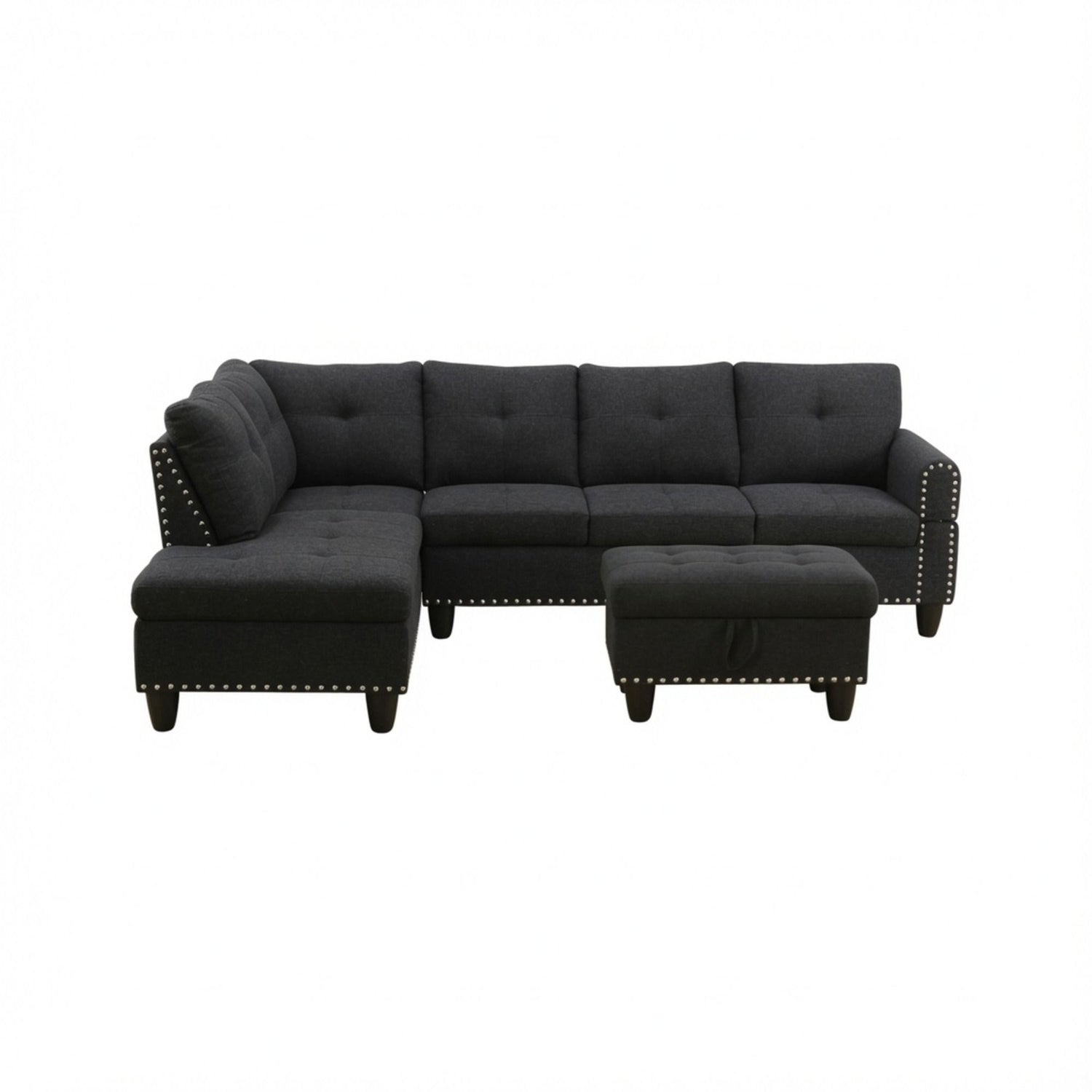 L - Shaped 3 Piece Sectional Sofa With Chaise, Storage Ottoman &amp; Cup Holders