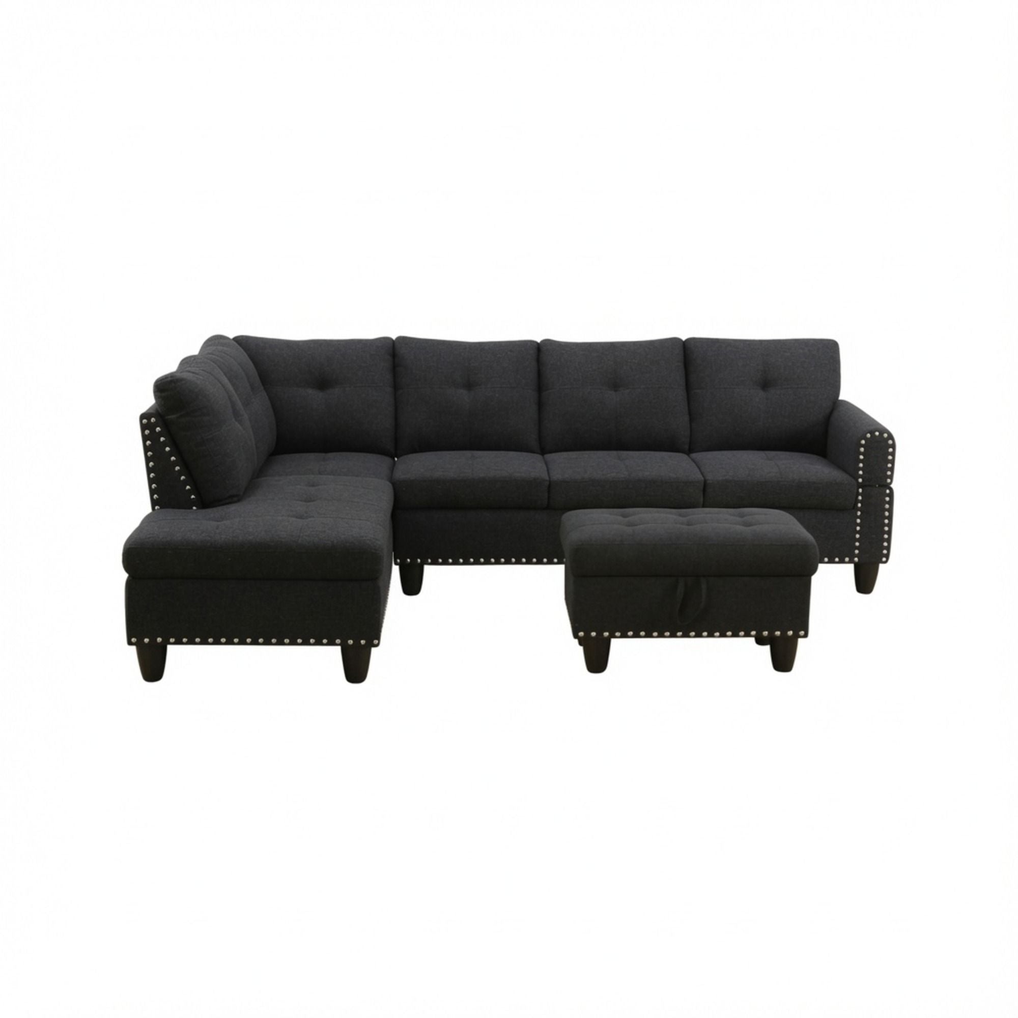 L - Shaped 3 Piece Sectional Sofa With Chaise, Storage Ottoman &amp; Cup Holders