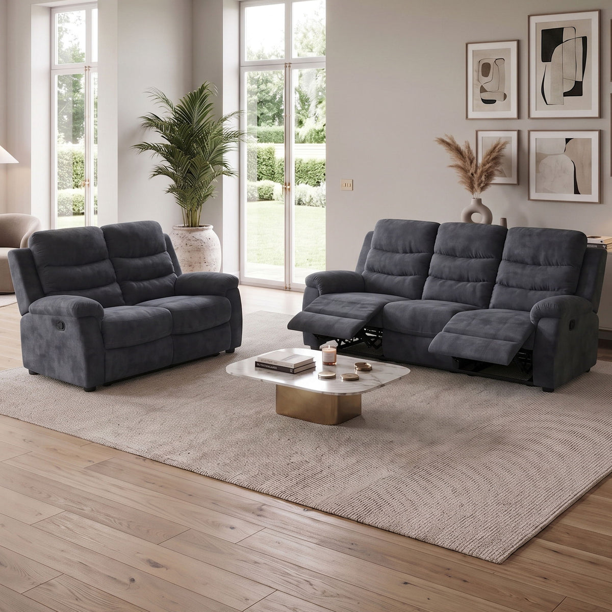 2 Piece Reclining Sofa Set, 3 Seat Sofa &amp; 2 Seat Loveseat, 150° Recline - Dark Gray