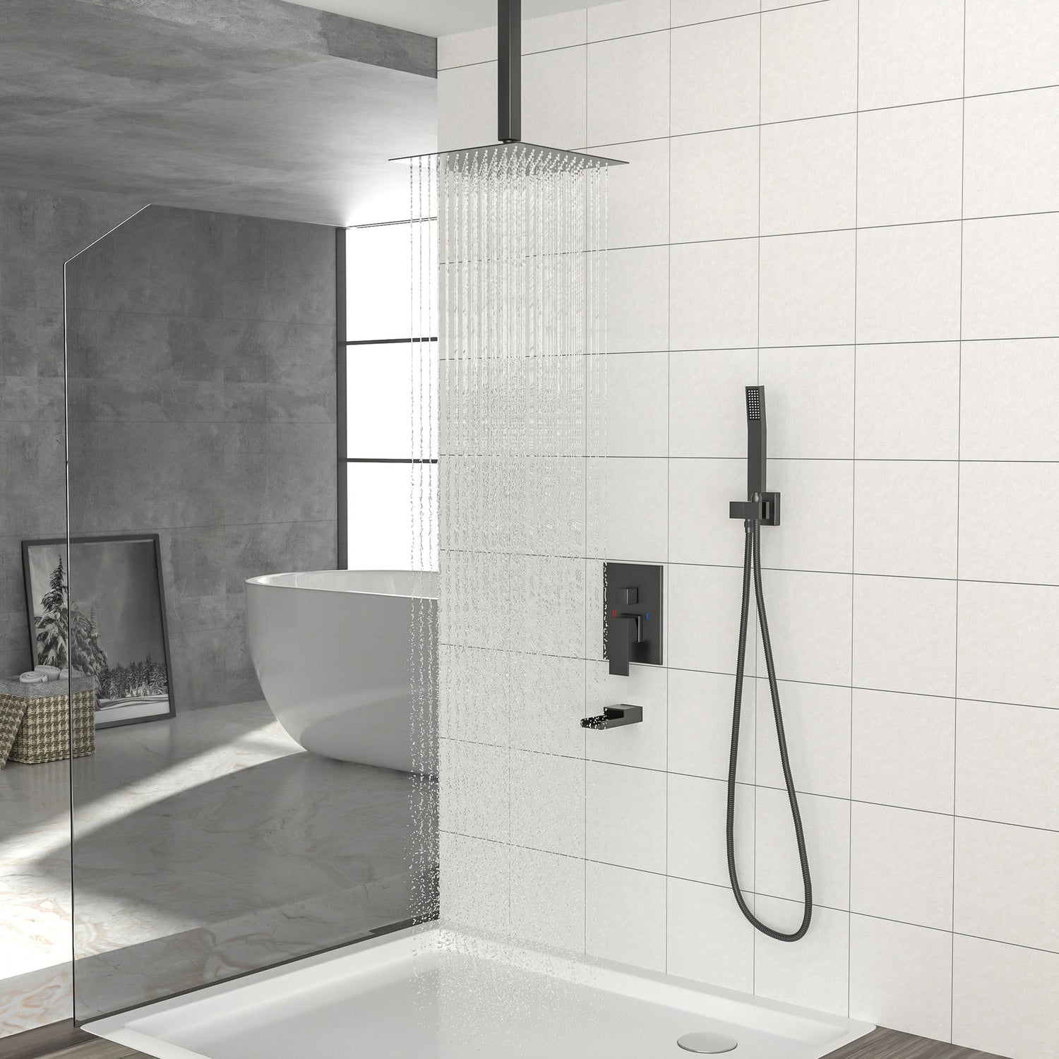 16&quot; Ceiling Mount Square Shower System With Waterfall Tub Spout And Rough In Valve