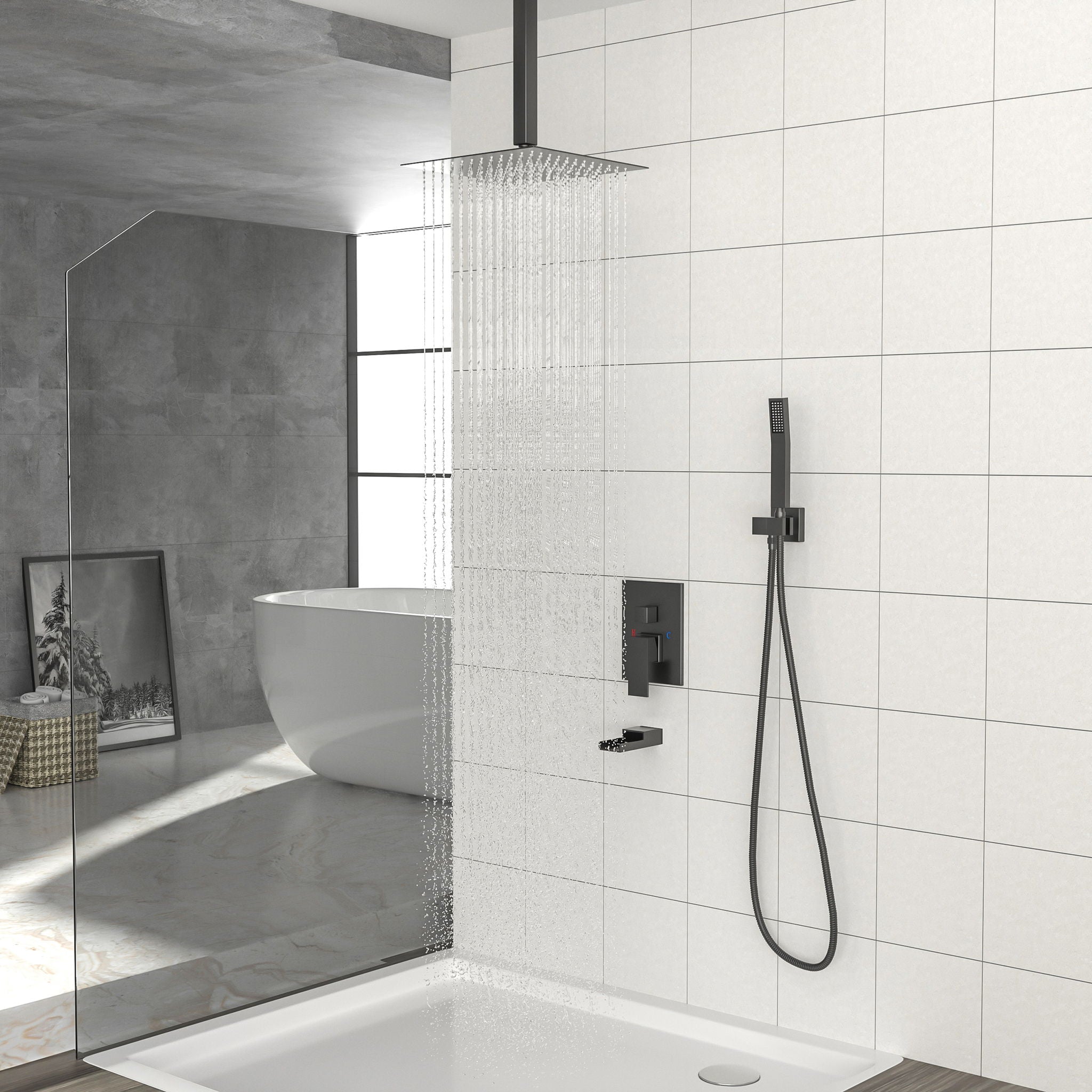 16&quot; Ceiling Mount Square Shower System With Waterfall Tub Spout And Rough In Valve