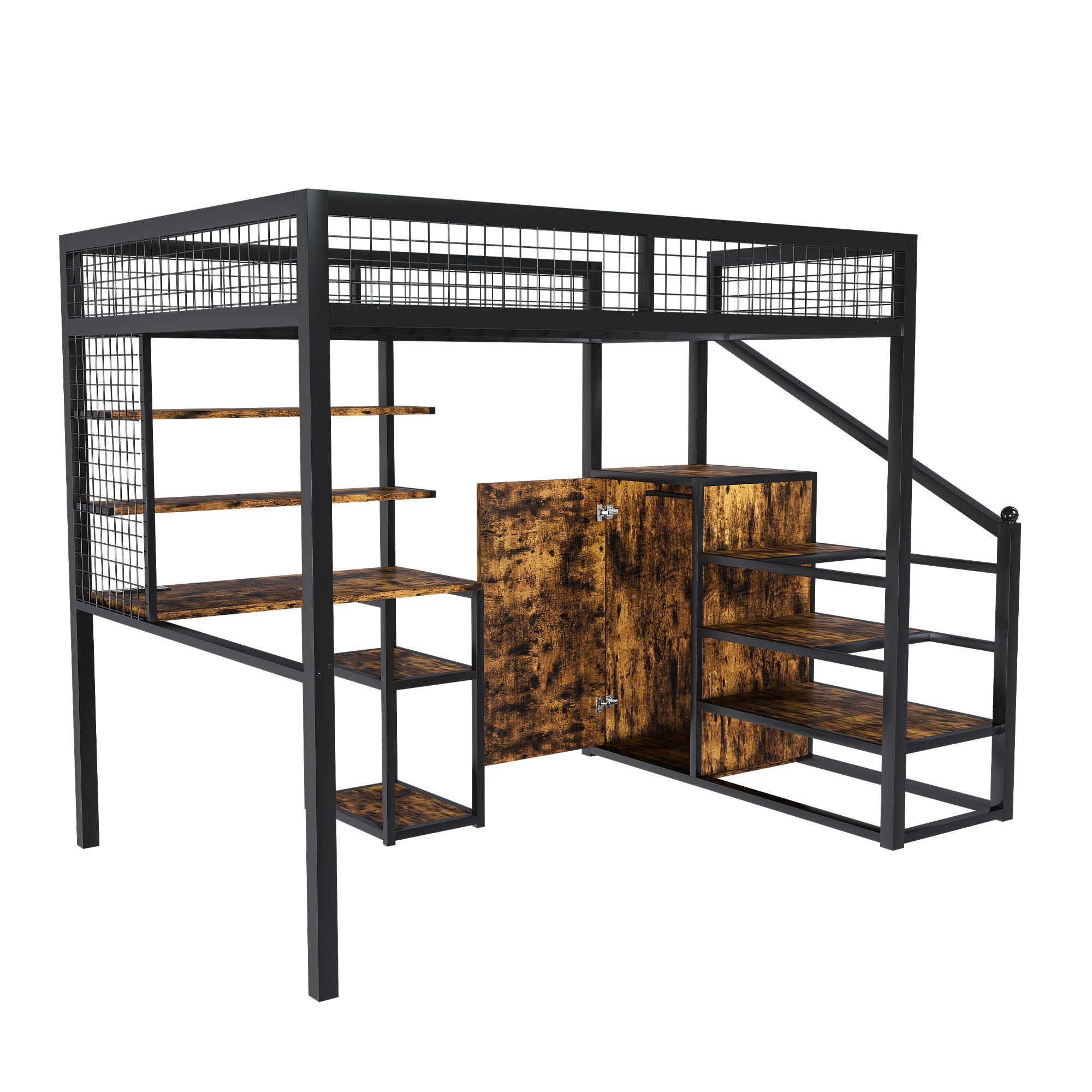 Full Size Loft Bed With Desk &amp; Wardrobe Heavy Frame, Built In Staircase, Storage Rack &amp; Shelves Gaming Bed - Black