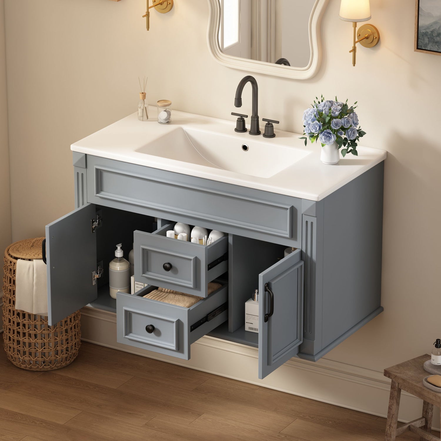French Simple Style Wall Mounted Bathroom Cabinet With Sink