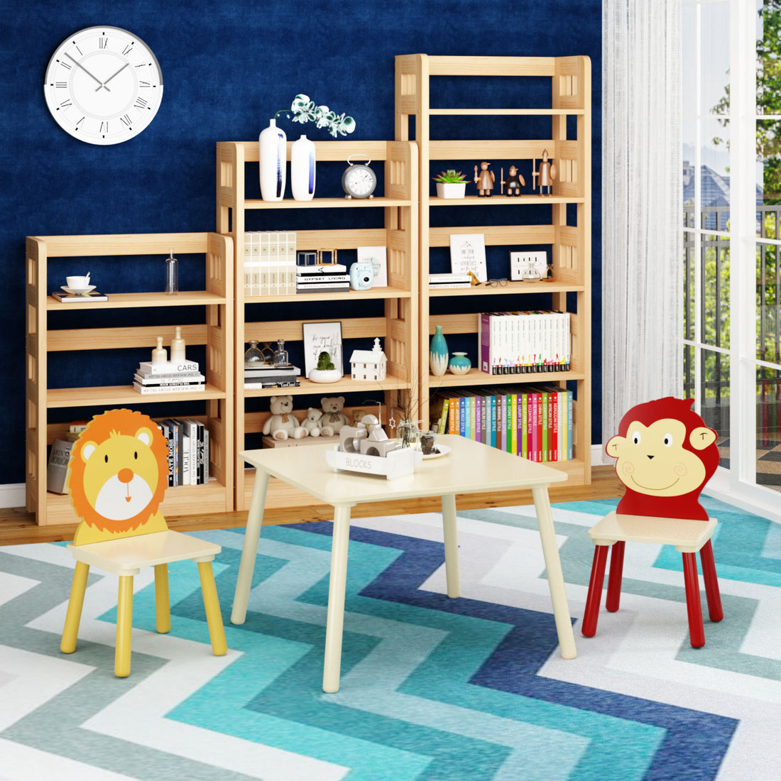 Kids Table And 2 Chairs Set, 3 Pieces Toddler Table And Chair Set, Wooden Activity Play Table Set (Lion&amp;Monkey) - Natural