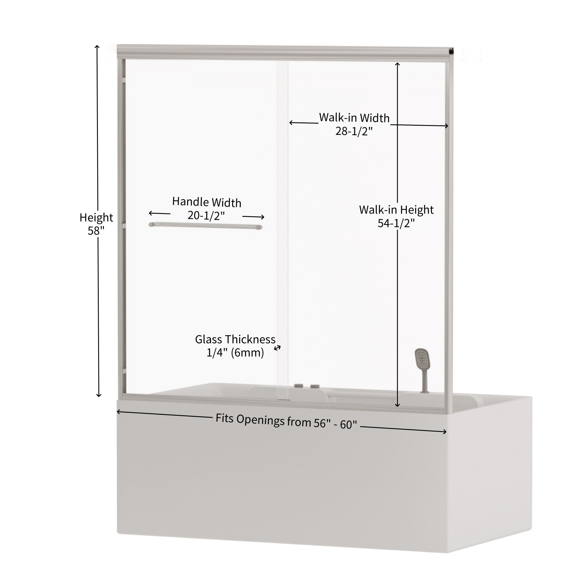 Double Sliding Bathtub Shower Door, Semi Frameless Bypass, 1 / 4&quot; (6Mm) With Explosion - Proof Film, Adjustable Aluminum Alloy Frame