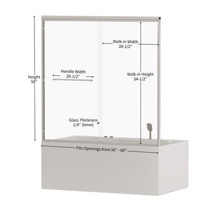 Double Sliding Bathtub Shower Door, Semi Frameless Bypass, 1 / 4&quot; (6Mm) With Explosion - Proof Film, Adjustable Aluminum Alloy Frame