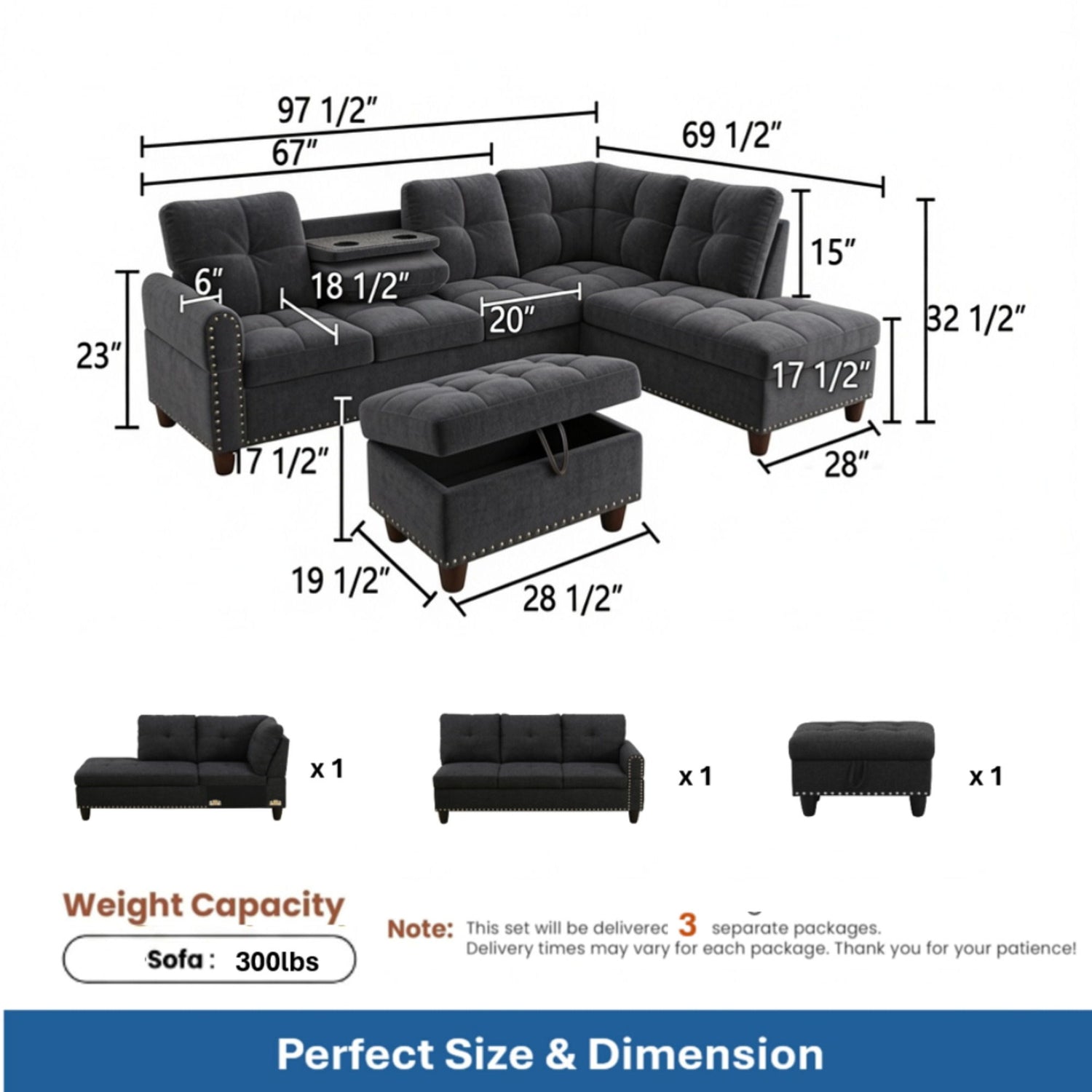 L - Shaped 3 Piece Sectional Sofa With Chaise, Storage Ottoman &amp; Cup Holders