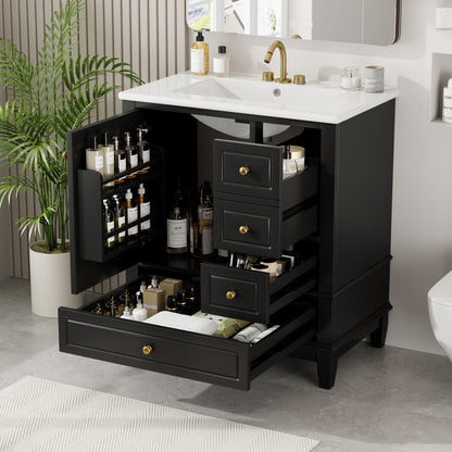 30&quot; Bathroom Vanity With Sink, 1 Door With Shelf And 3 Drawers, Soft Close Door - Black