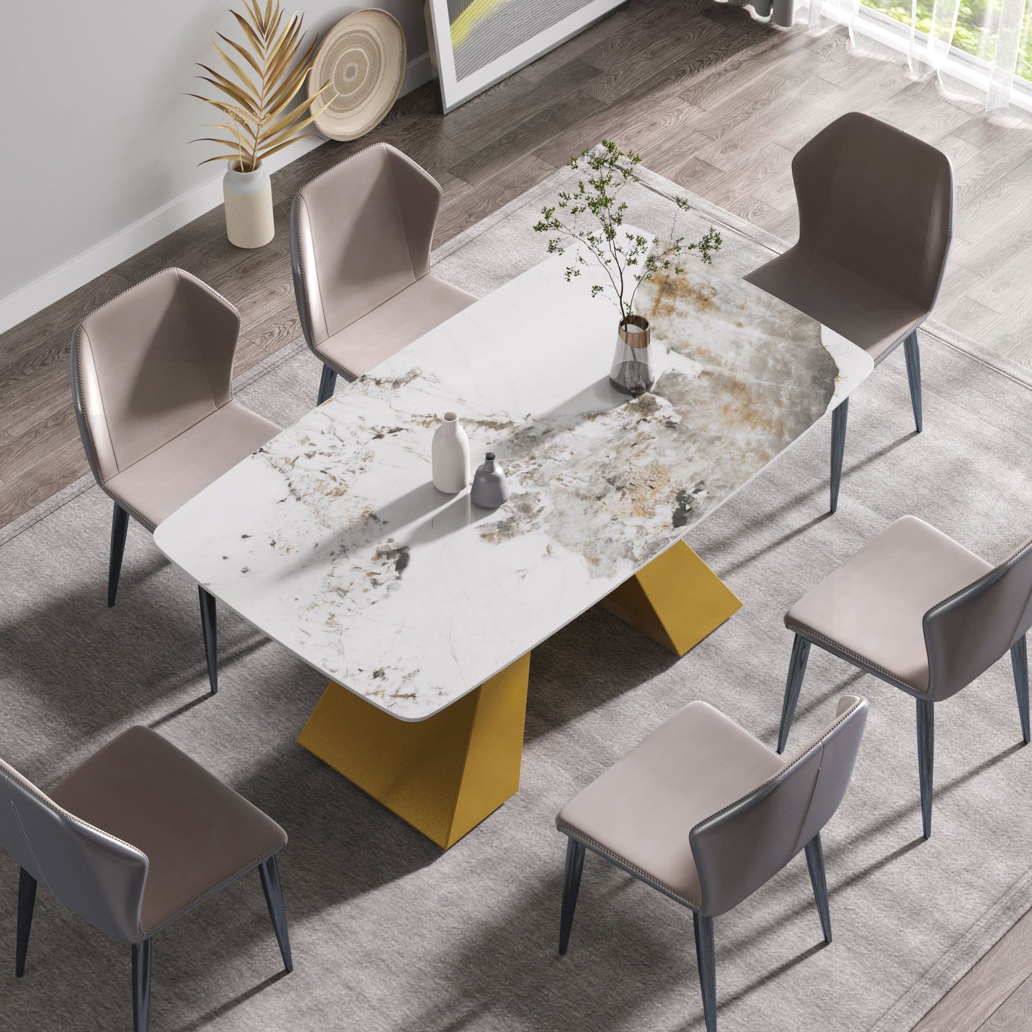 63&quot; Modern Artificial Stone Pandora White Curved Metal Leg Dining Table, 6 People - Antique White / Gold