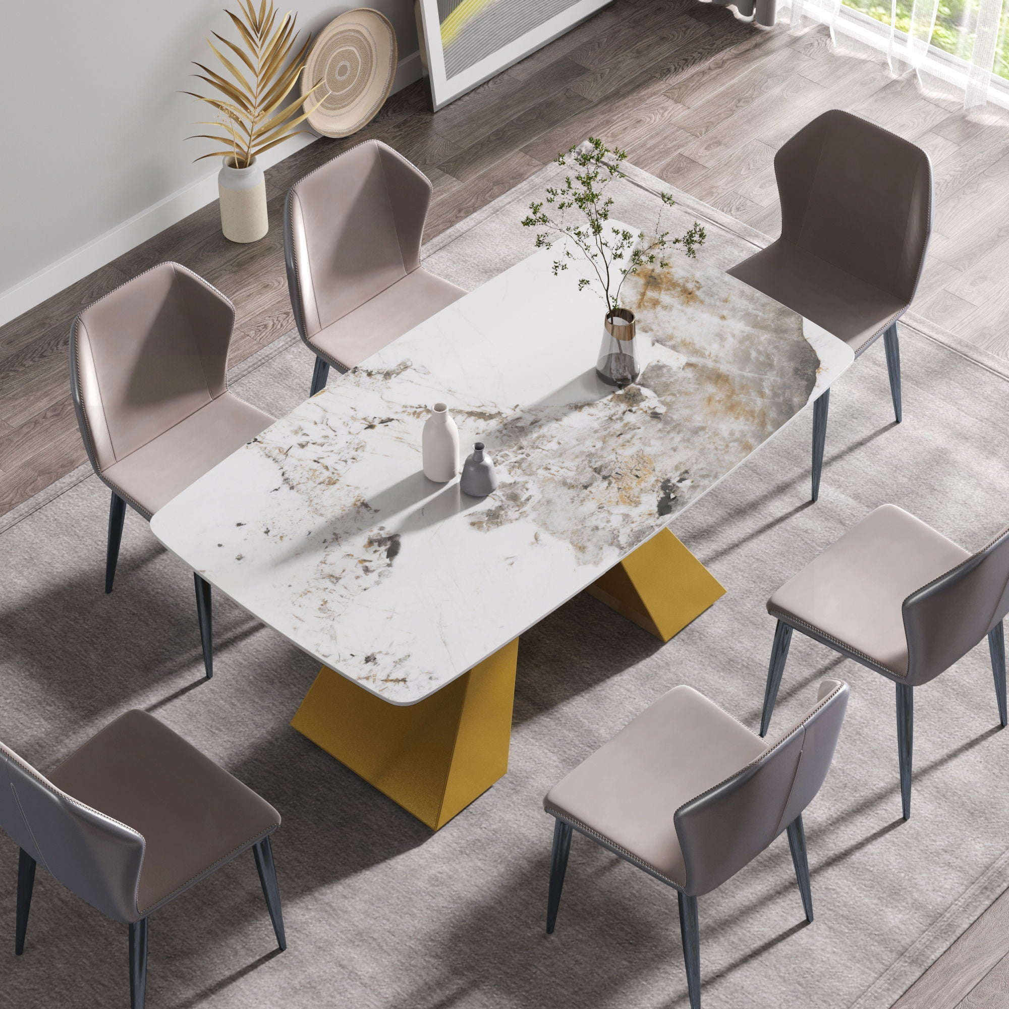 63&quot; Modern Artificial Stone Pandora White Curved Metal Leg Dining Table, 6 People - Antique White / Gold