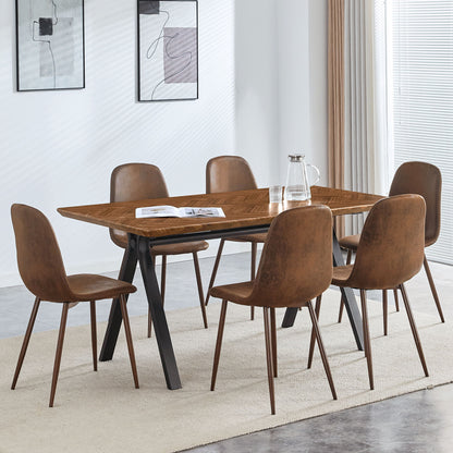 Suede Backrest Chairs With Metal Legs &amp; Herringbone Dining Table Set
