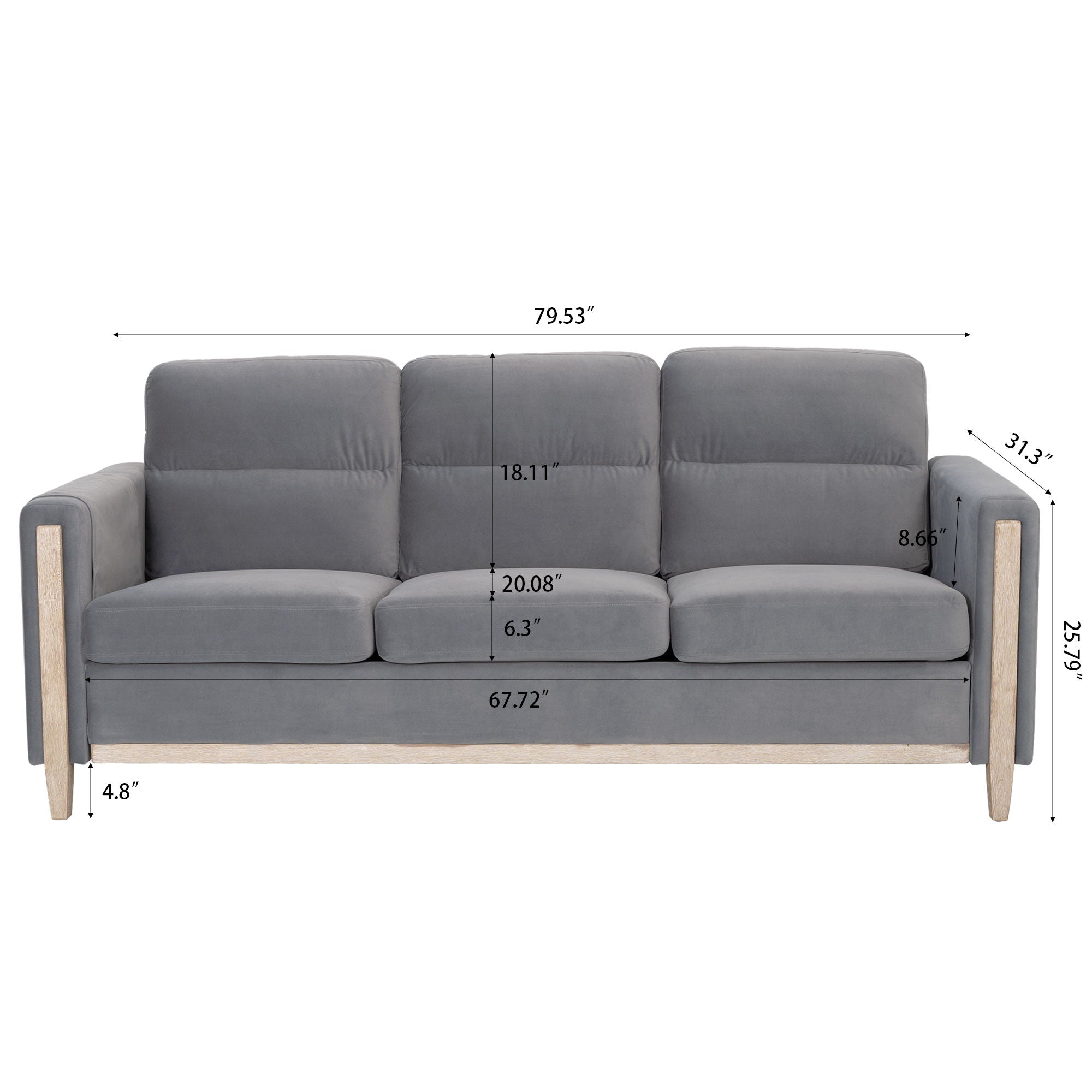 Comfortable Solid Wood Three-Seater Sofa, Soft Cushions, Durable And Long-Lasting, 79.5&quot; Sofa Couch For Living Room