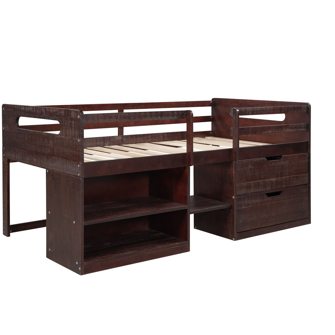 Twin Size Loft Bed With Two Shelves And Two Drawers - Antique Espresso