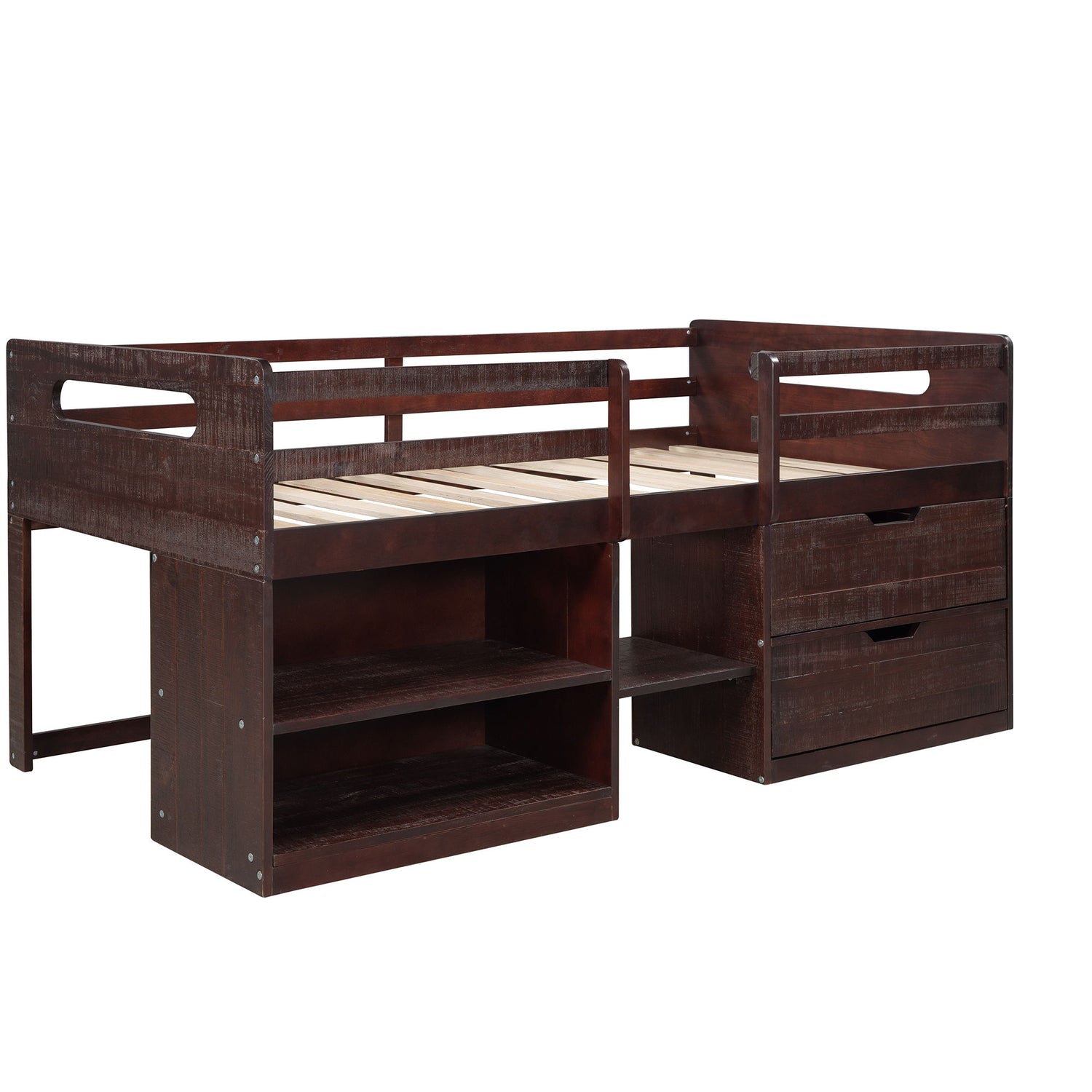 Twin Size Loft Bed With Two Shelves And Two Drawers - Antique Espresso