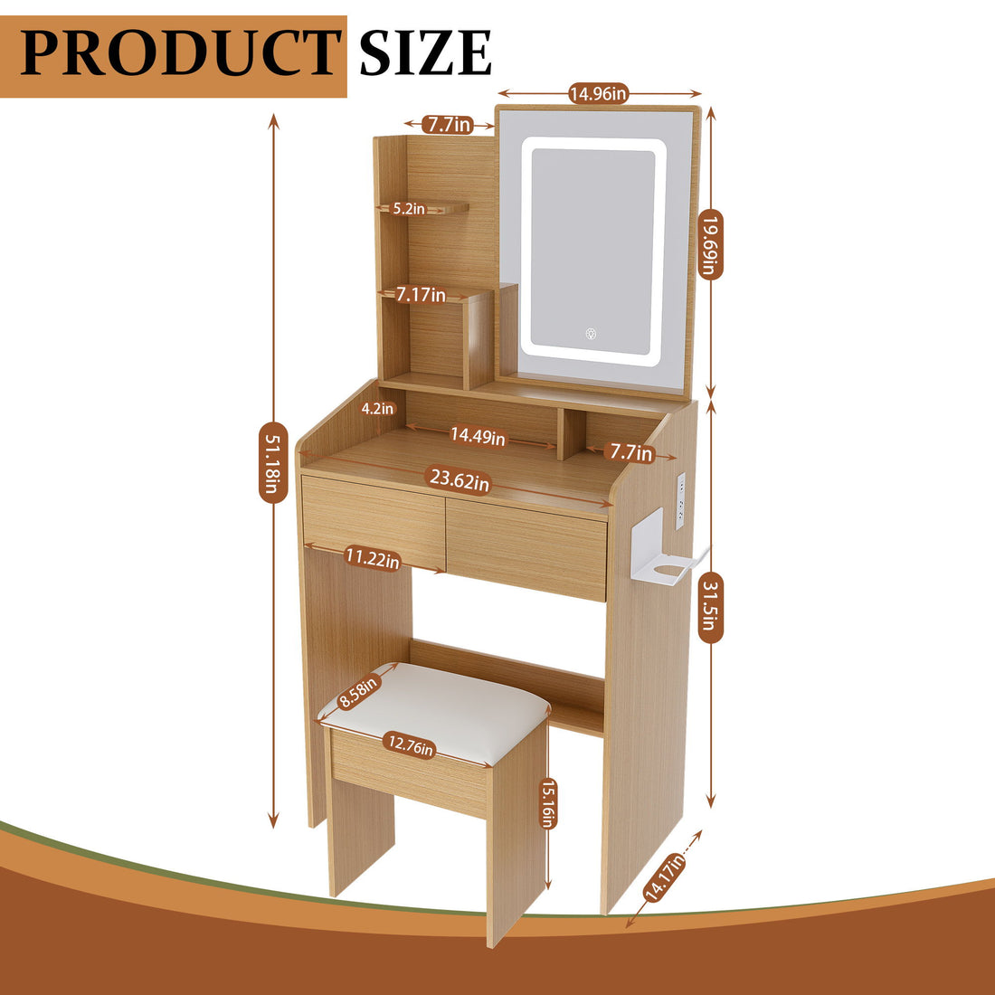 Vanity Table With LED Mirror, Power Outlet, Hairdryer Holder &amp; Padded Stool, Compact Dressing Desk For Small Bedrooms - Wood