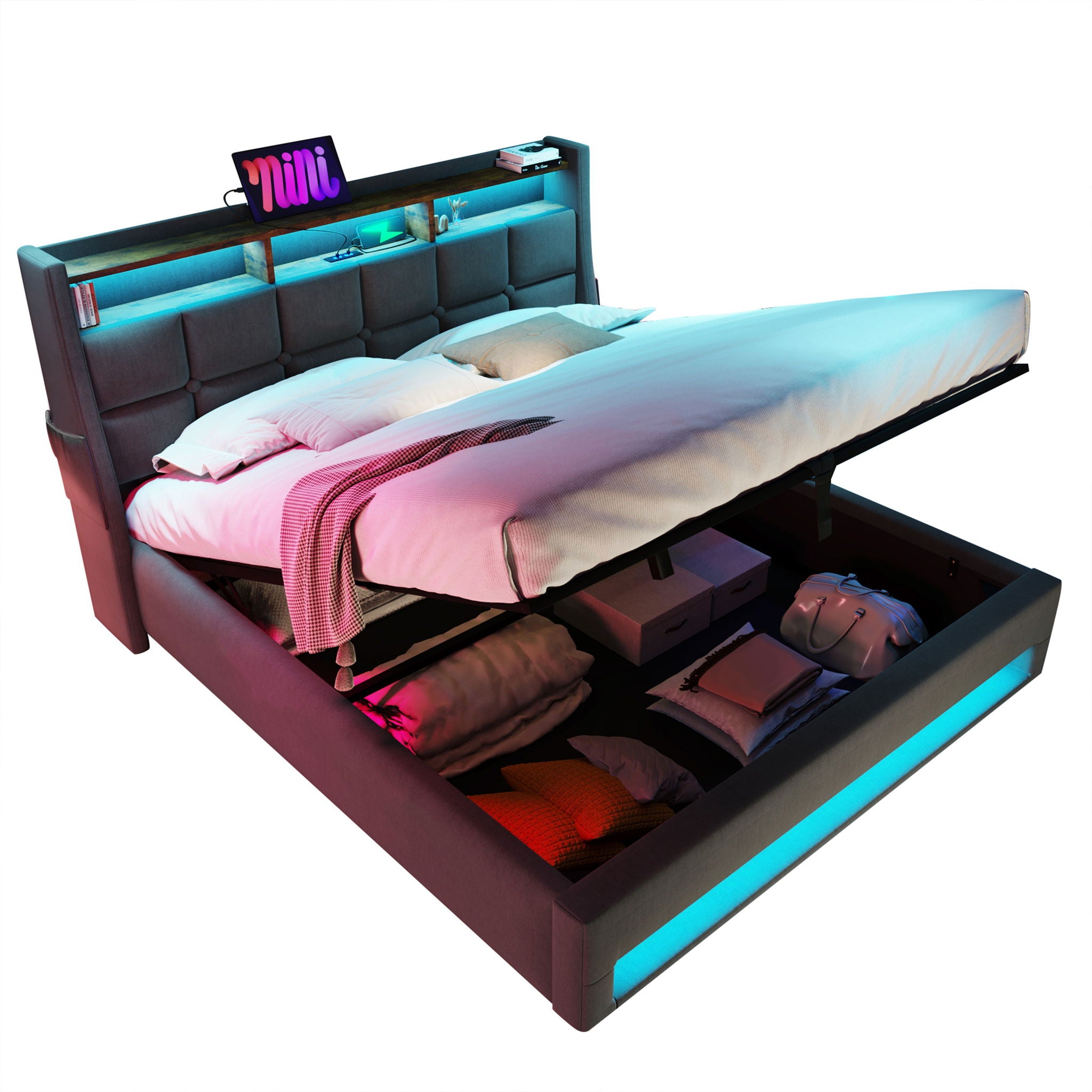 Platform Bed With Hydraulic Storage, LED Lighting &amp; Charging Station