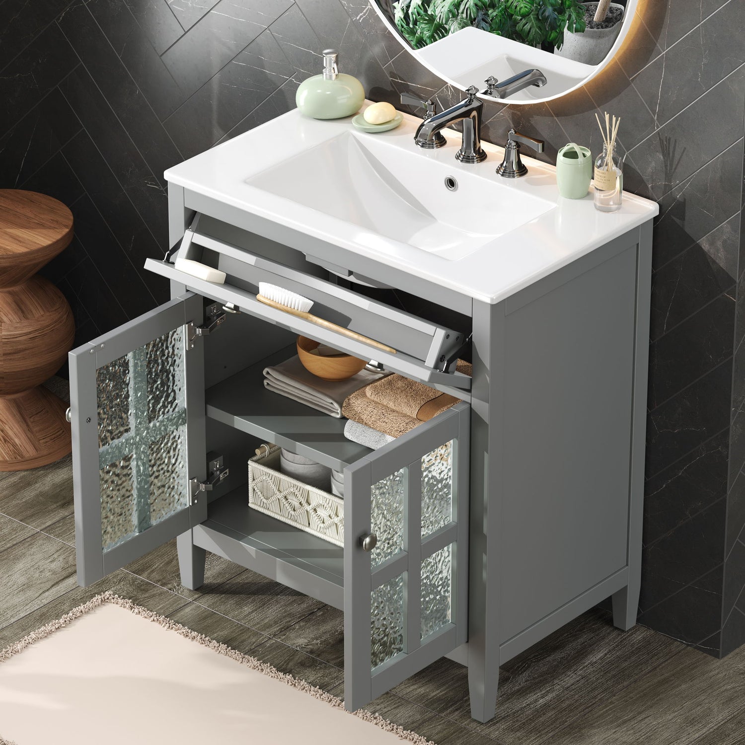 Bathroom Vanity With Ceramic Sink, Adjustable Shelf &amp; Tip Out Tray