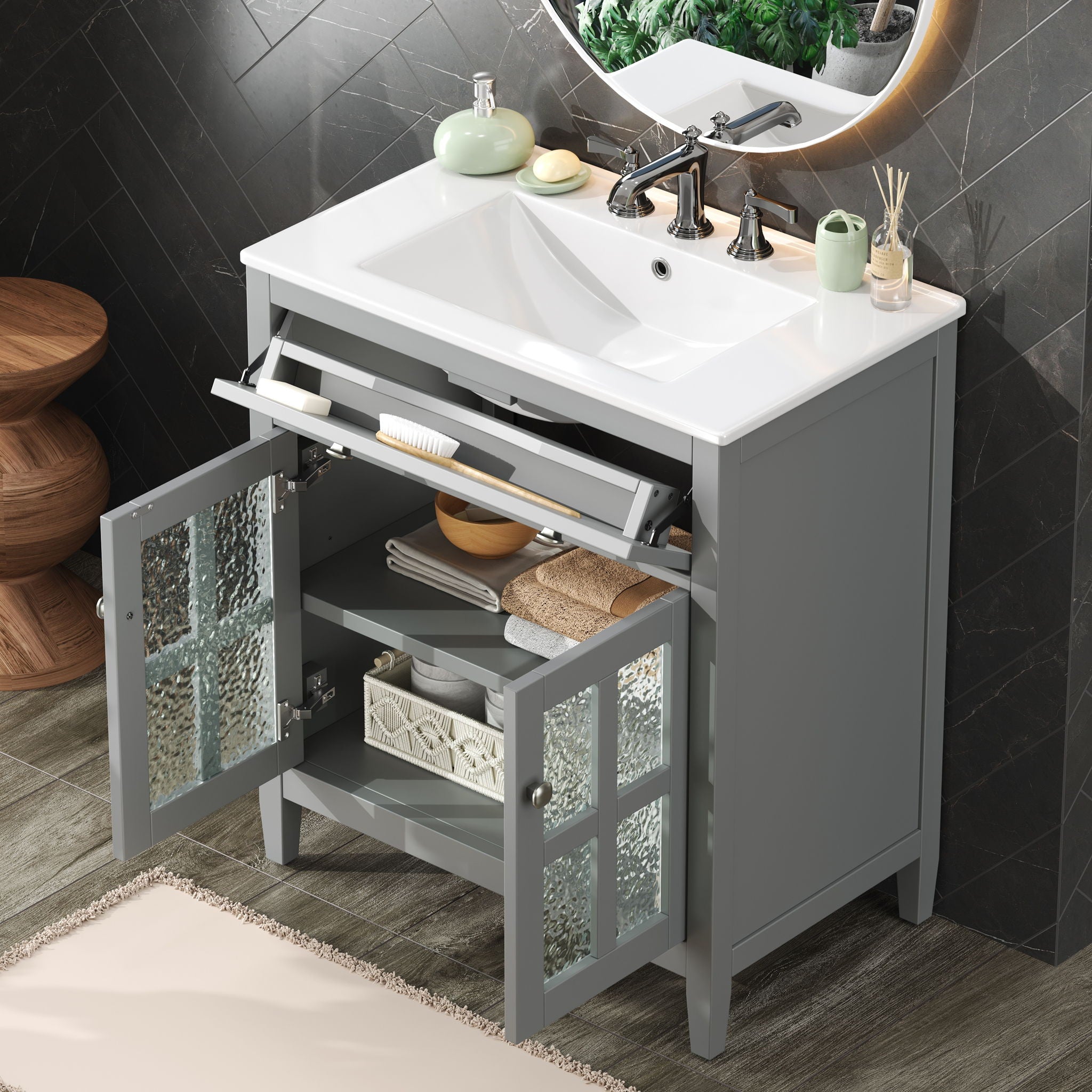 Bathroom Vanity With Ceramic Sink, Adjustable Shelf &amp; Tip Out Tray