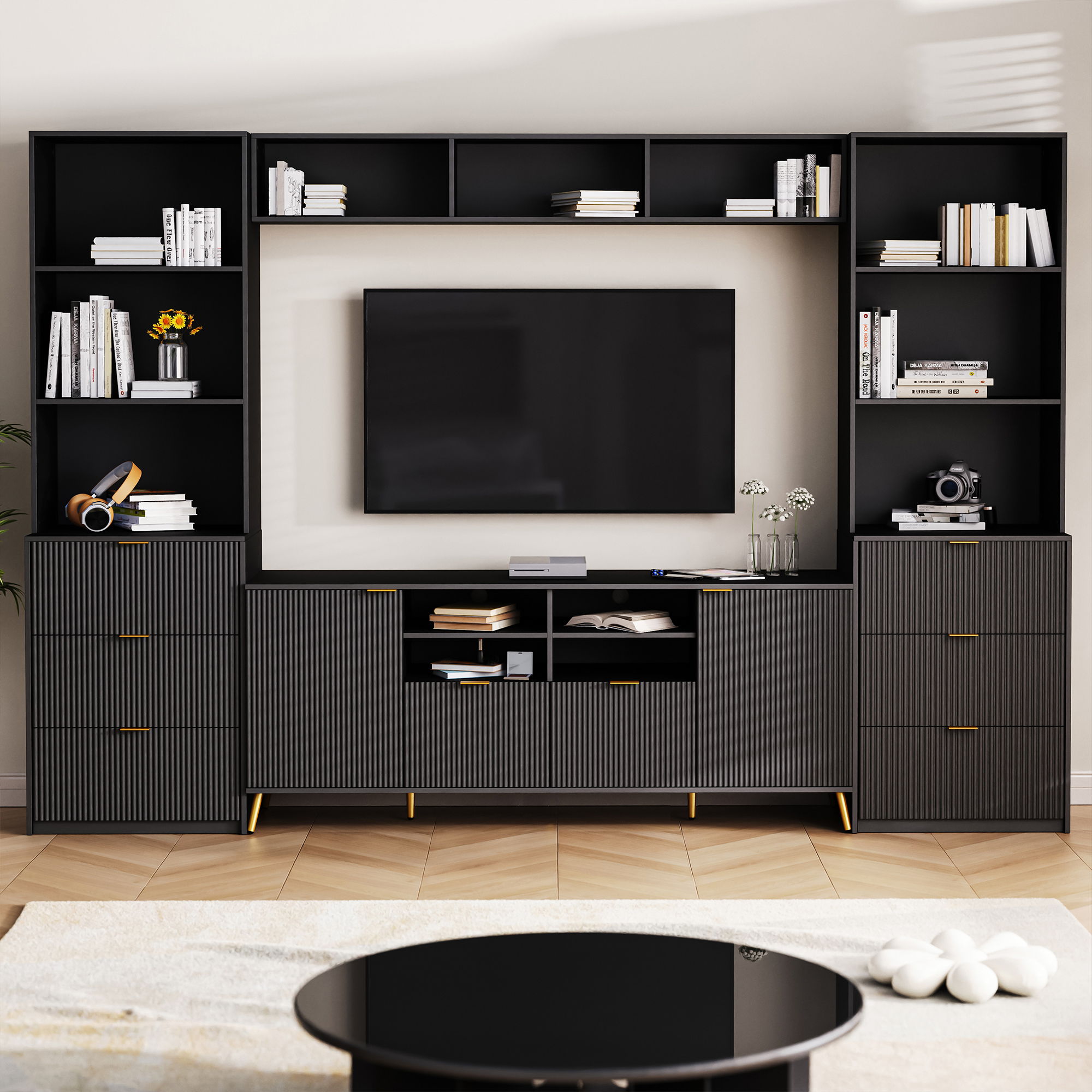 4 Piece Entertainment Wall Unit With 13 Shelves, 8 Drawers And 2 Cabinets, Multifunctional TV Stand Media Storage Cabinet With Fluted Line Surface For Living Room, For TVs Up To 70&quot;