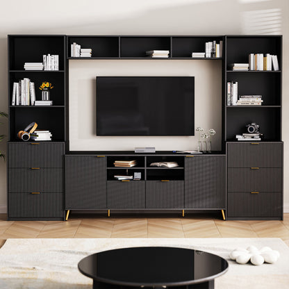 4 Piece Entertainment Wall Unit With 13 Shelves, 8 Drawers And 2 Cabinets, Multifunctional TV Stand Media Storage Cabinet With Fluted Line Surface For Living Room, For TVs Up To 70&quot;