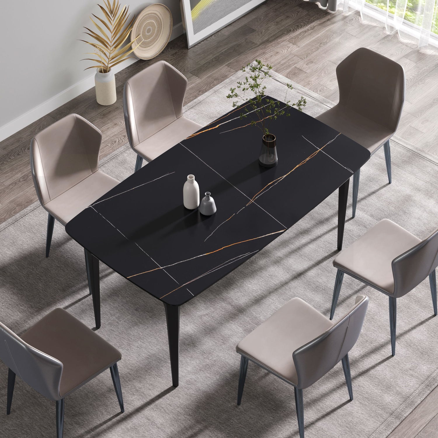 63&quot; Artificial Stone Black Curved Black Metal Leg Dining Table, 6 People - Black