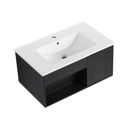 Wall Mounted Floating Bathroom Vanity With Open Shelf &amp; Soft Close Door