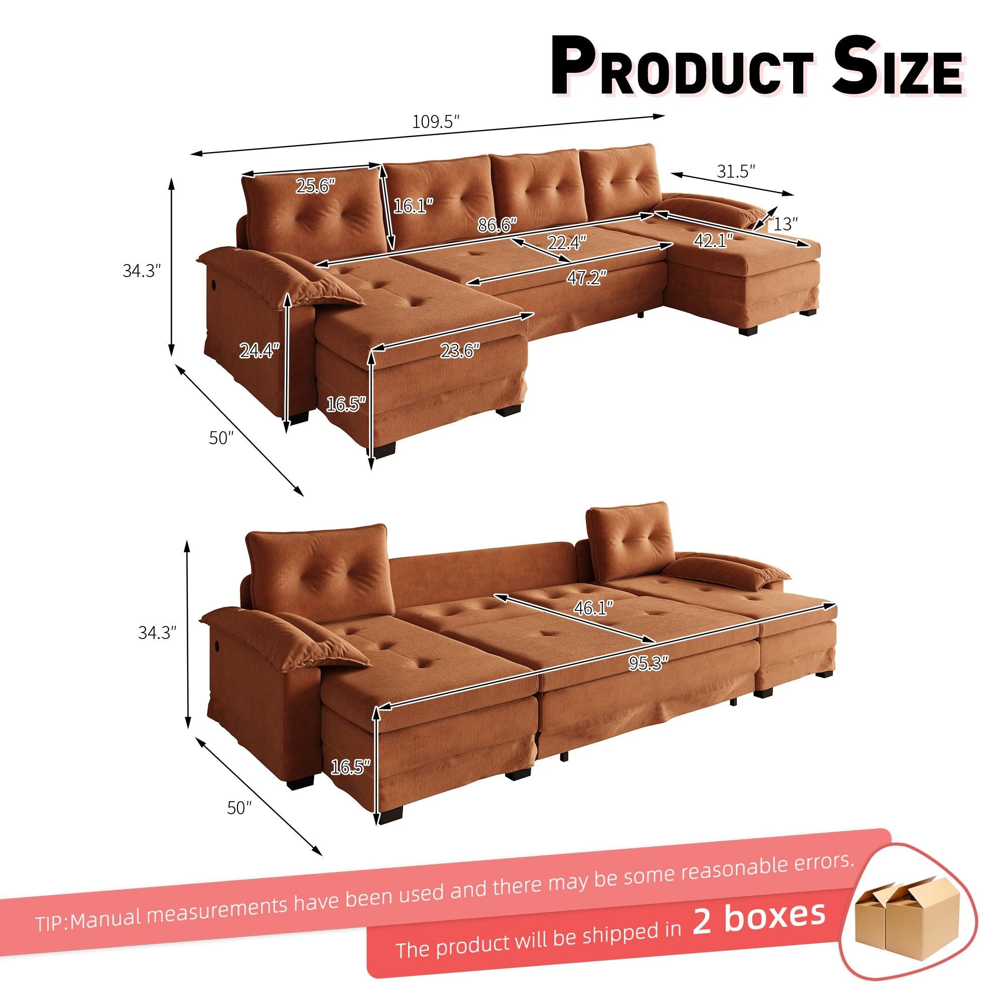 U-Shaped Sleeper Sofa With Pull Out Bed, Removable Armrests &amp; USB Ports For Living Room