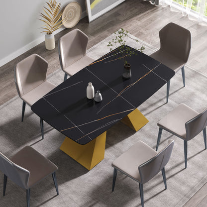 63&quot; Artificial Stone Black Curved Golden Metal Leg Dining Table, 6 People - Black / Gold