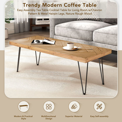 Modern Coffee Table Tea Table, Cocktail Table With With Chevron Pattern &amp; Metal Hairpin Legs For Living Room - Natural