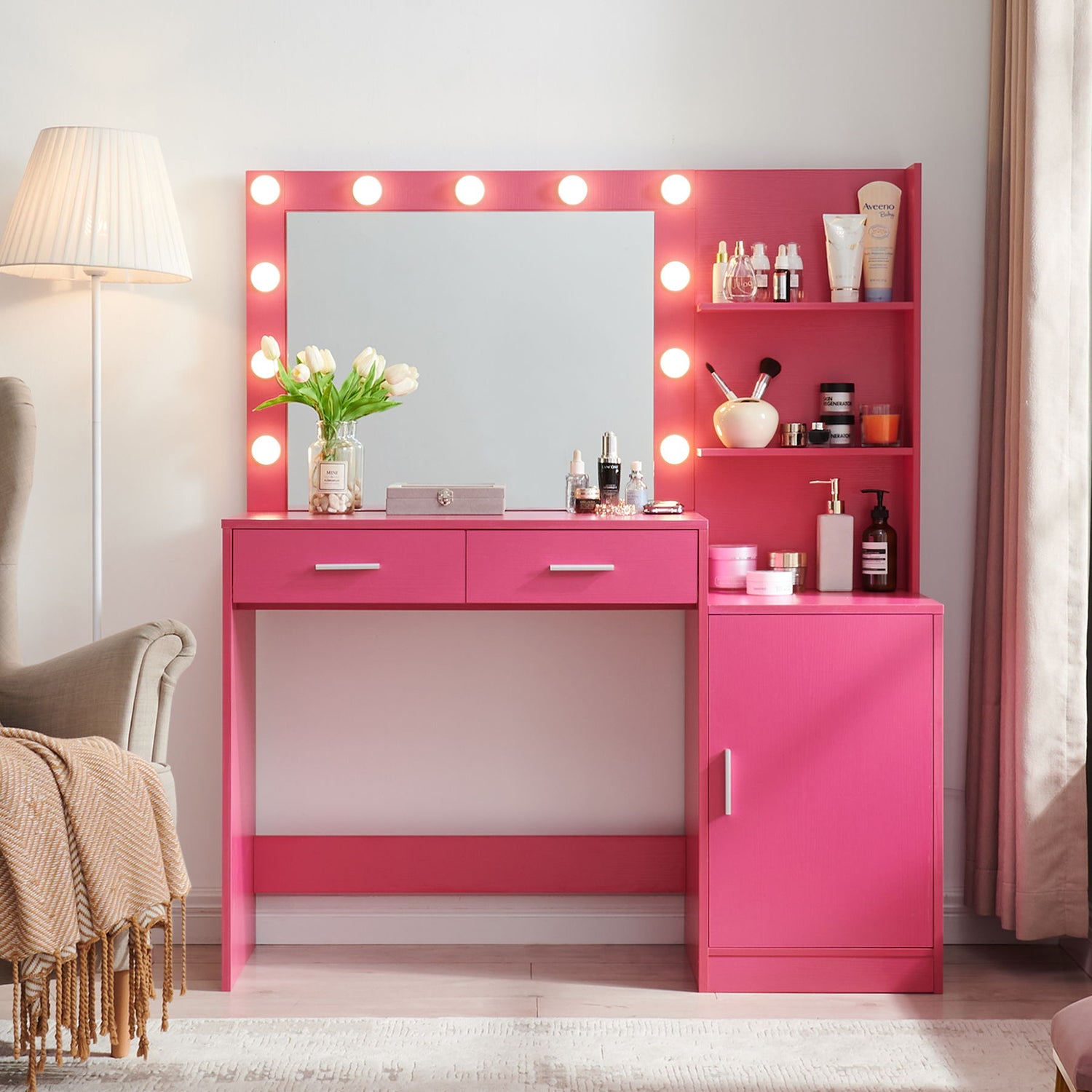 Vanity Desk With Mirror And Lights, 46.4In Dressing Table With 2 Large Drawer &amp; Large Vertical Organizer, 3 Level Dresser &amp; 3 Lighting Modes Adjustable Brightness, Suitable For Bedroom