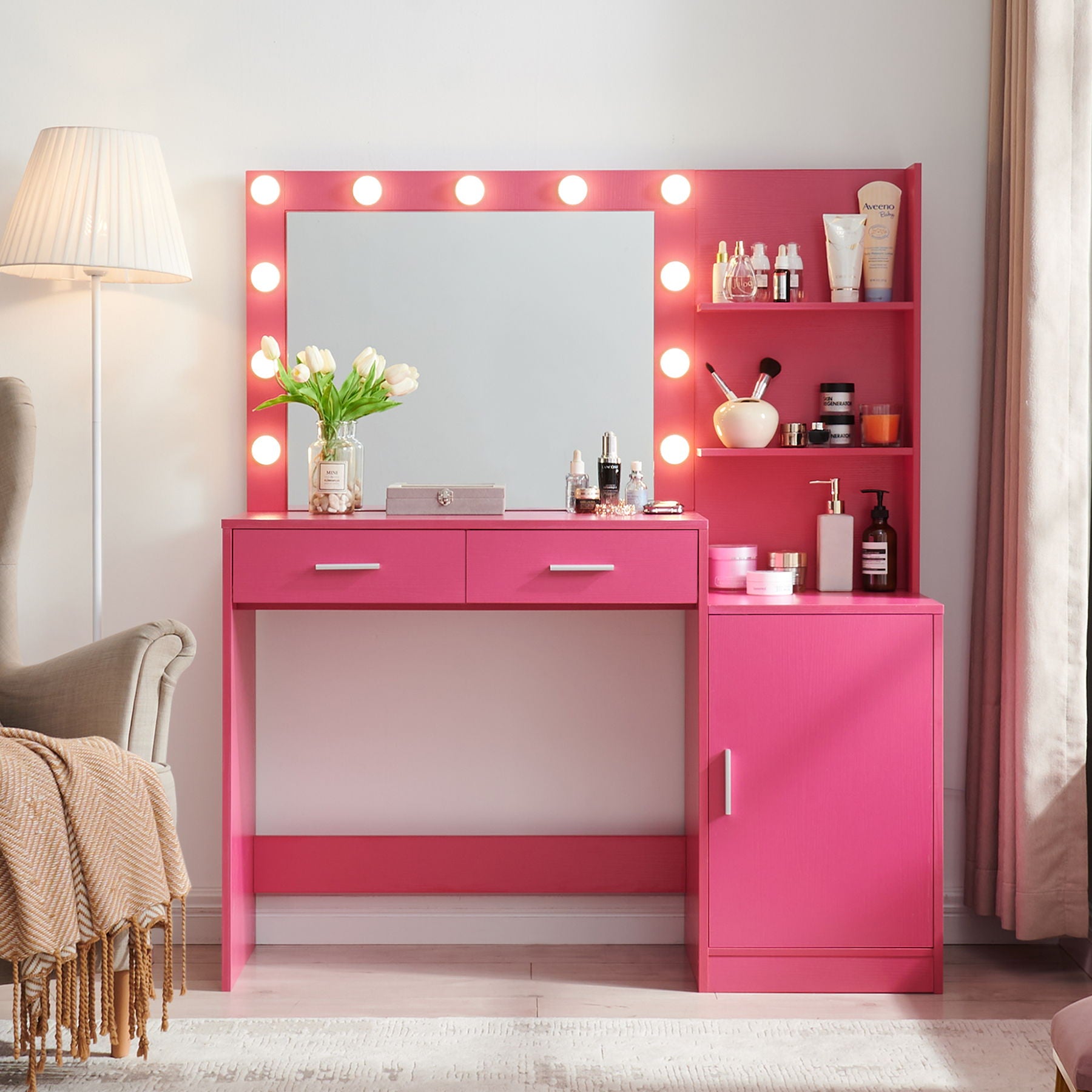 Vanity Desk With Mirror And Lights, 46.4In Dressing Table With 2 Large Drawer &amp; Large Vertical Organizer, 3 Level Dresser &amp; 3 Lighting Modes Adjustable Brightness, Suitable For Bedroom