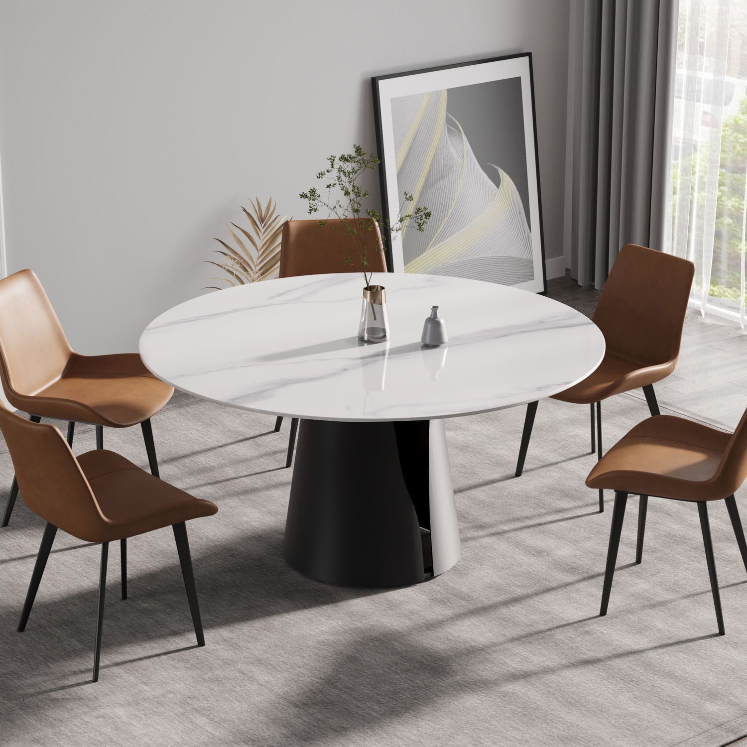 59.05&quot; Modern Artificial Stone Round Carbon Steel Base Dining Table - White / Black