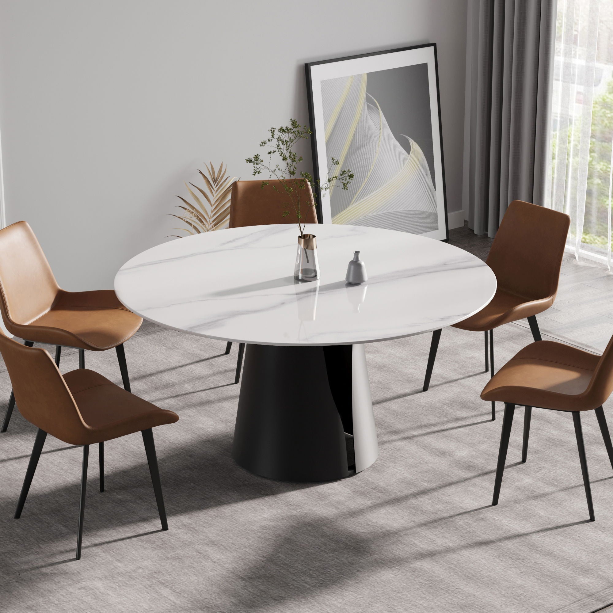 59.05&quot; Modern Artificial Stone Round Carbon Steel Base Dining Table - White / Black