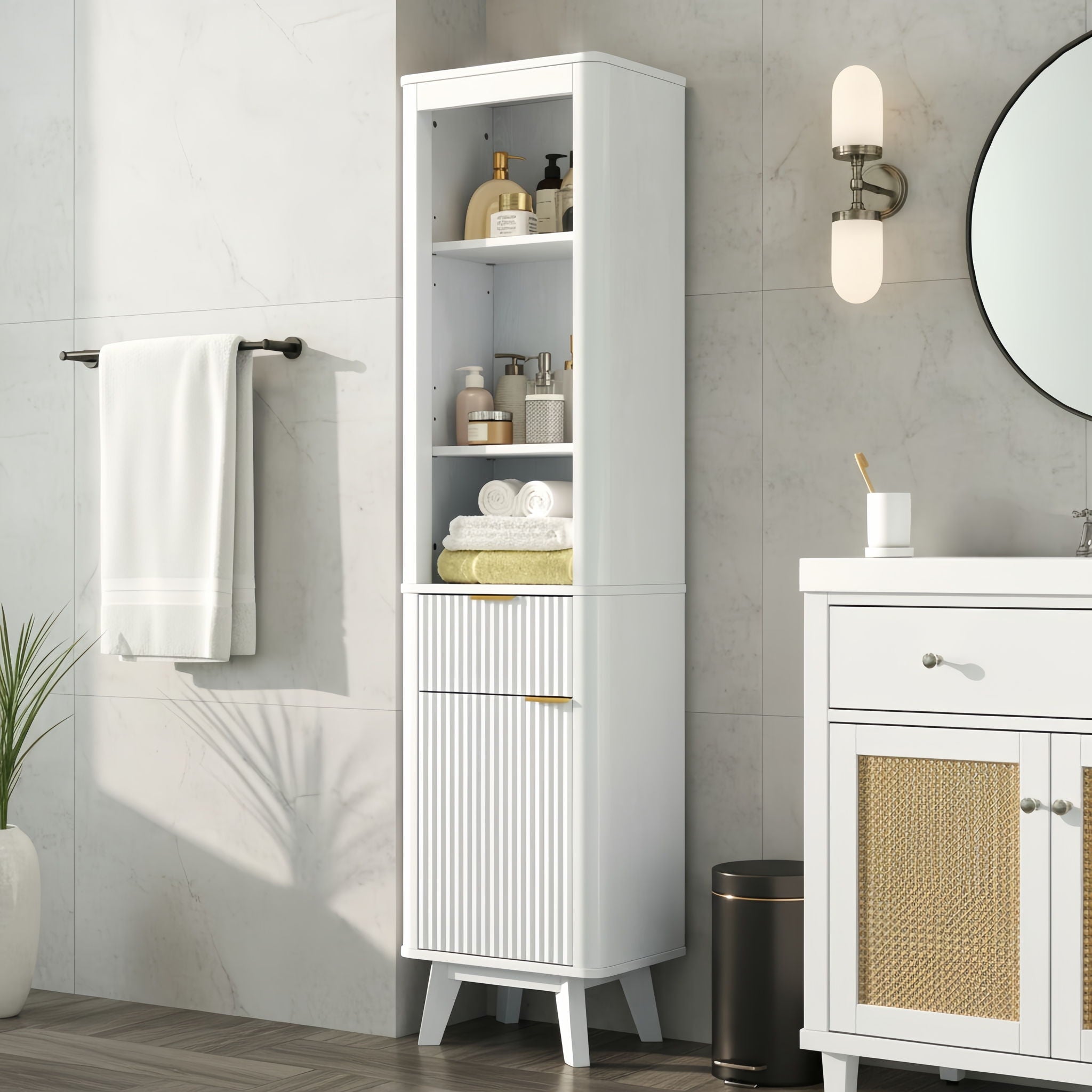 Tall Bathroom Storage Cabinet With Adjustable Shelves And 1 Drawer &amp; Door