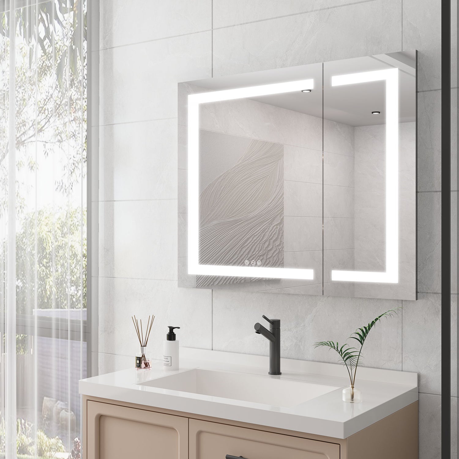 36&quot; X 30&quot; Medicine Cabinet With LED Vanity Mirror, Anti-Fog Recessed Or Surface Mount Bathroom Double Door Large Storage 3000K~6000K Bright Lighted Aluminum Storage Cabinet With Touch Switch - Silver