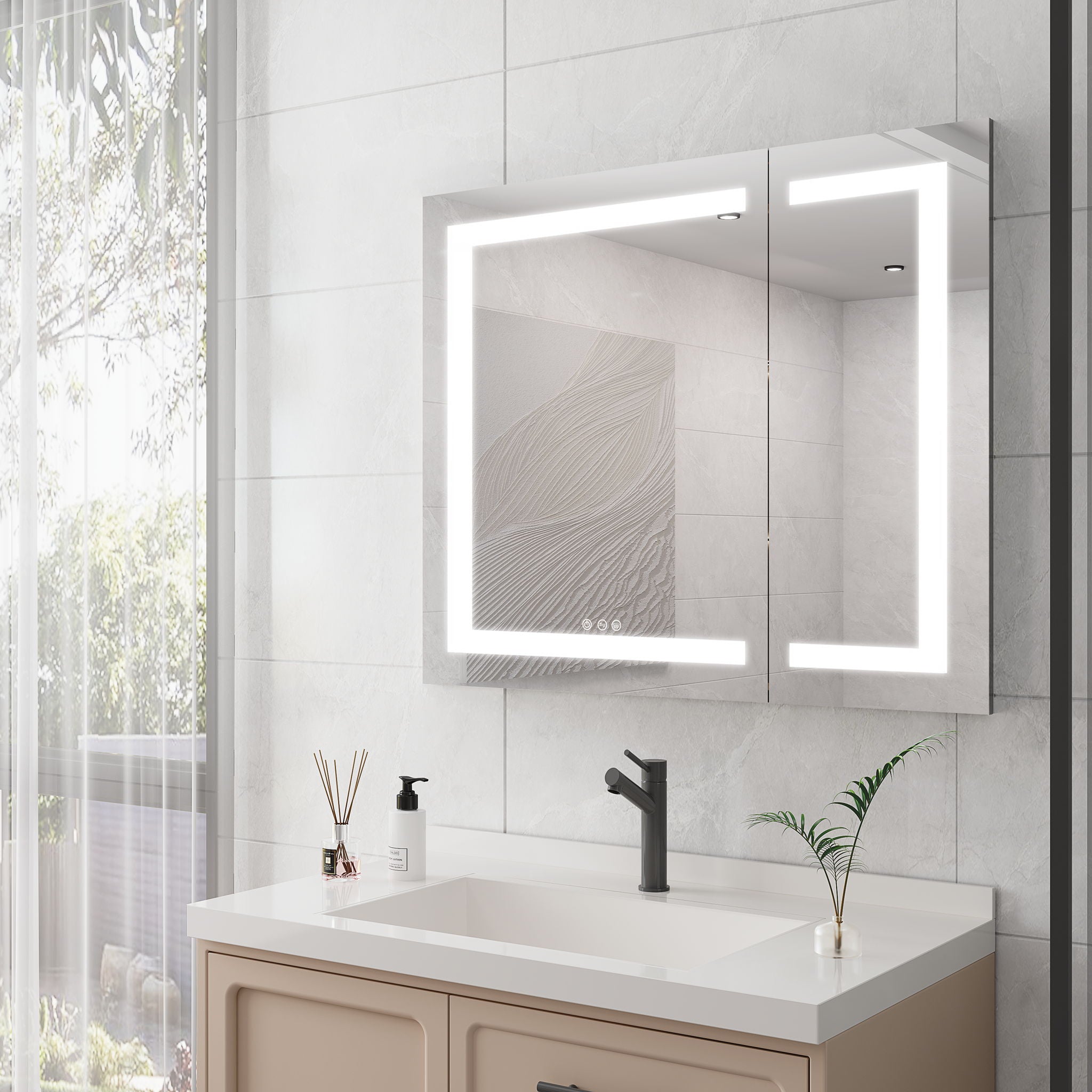 36&quot; X 30&quot; Medicine Cabinet With LED Vanity Mirror, Anti-Fog Recessed Or Surface Mount Bathroom Double Door Large Storage 3000K~6000K Bright Lighted Aluminum Storage Cabinet With Touch Switch - Silver