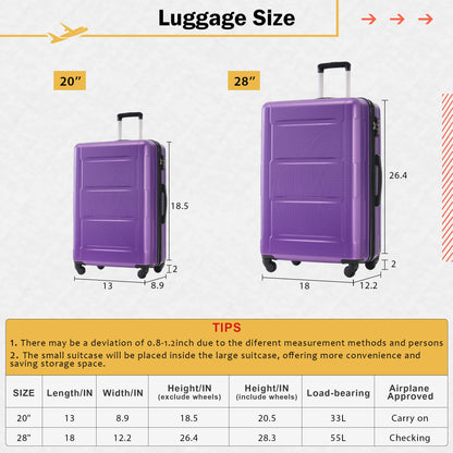 2 Piece Luggage Set With Bags Expanable Spinner Wheels ABS Lightweight Suitcase With Tsa Lock 20&quot; / 28&quot;