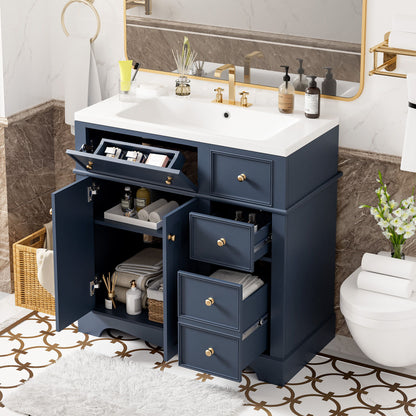 Bathroom Vanity With Resin Sink Combo, Frame Bathroom Storage Cabinet, Freestanding Vanity Set With 3 Drawers &amp; Adjustable Shelf - Blue