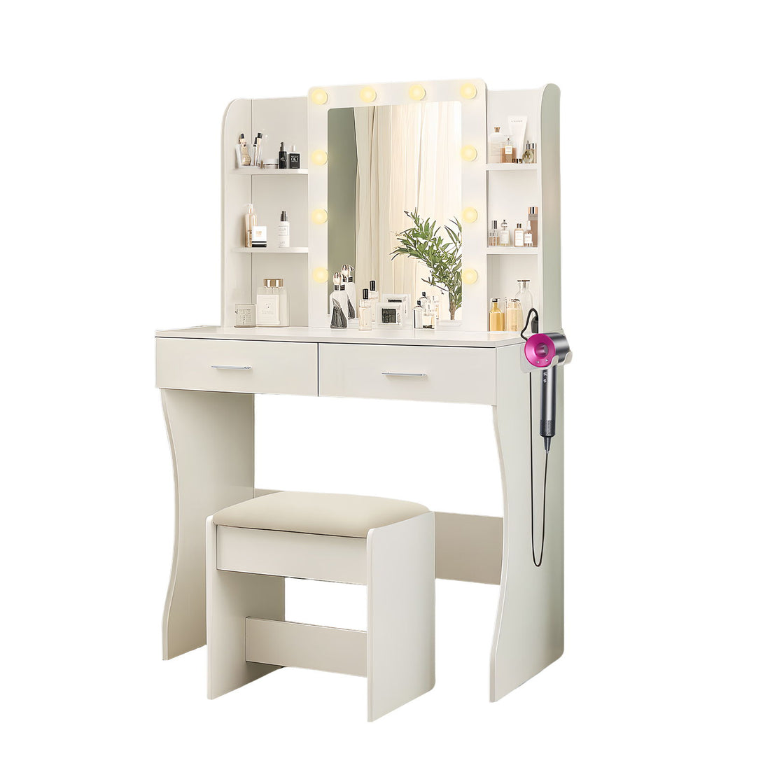 Vanity Desk Set With Mirror &amp; Adjustable Lights Power Outlet And Hair Dryer Rack 2 Drawers And 6 Shelves Includes Cushioned Stool - White