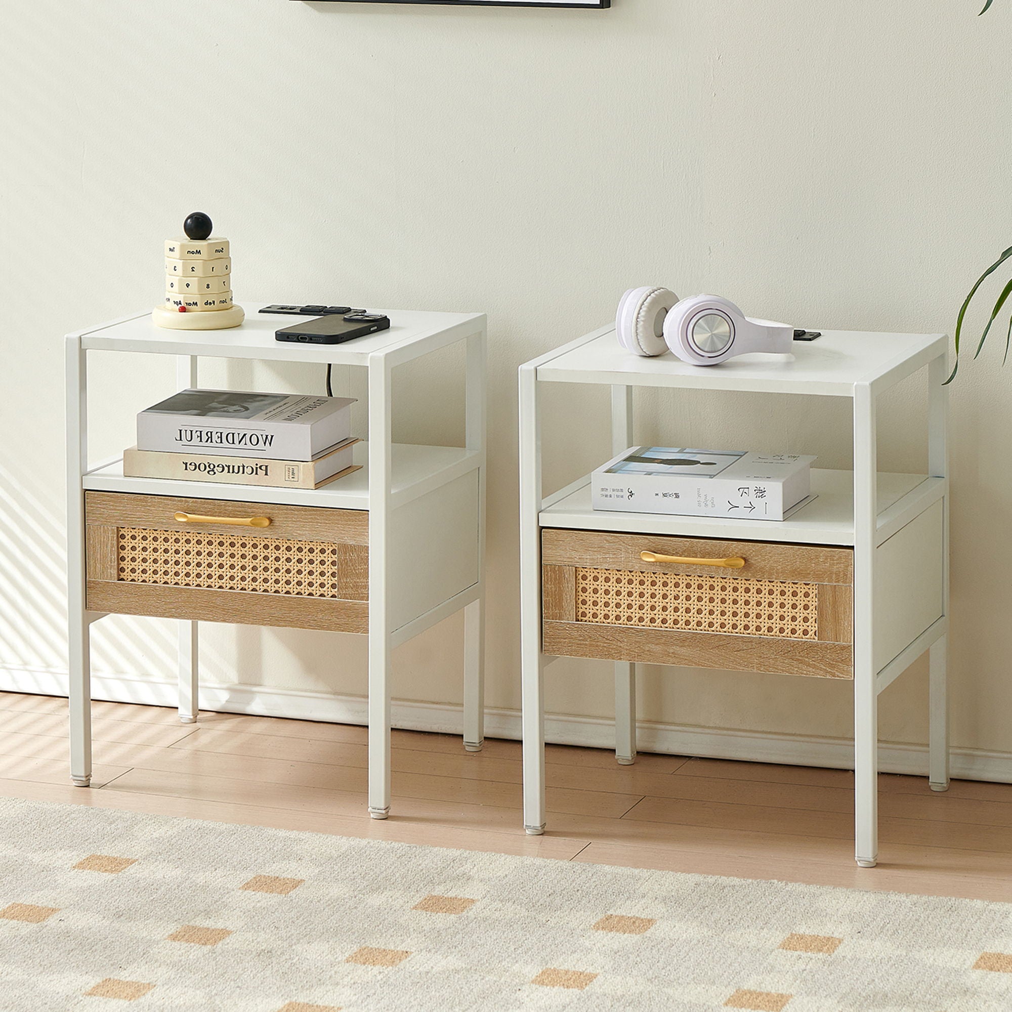 Rattan End Table With Power Outlet &amp; USB Ports, Modern Nightstand With Drawer And Metal Legs, Side Table For Living Room, Bedroom