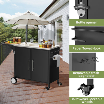 Outdoor Grill Table With Sink, Worktable Kitchen Cabinet Island With Wheels &amp; Foldable Top - Black