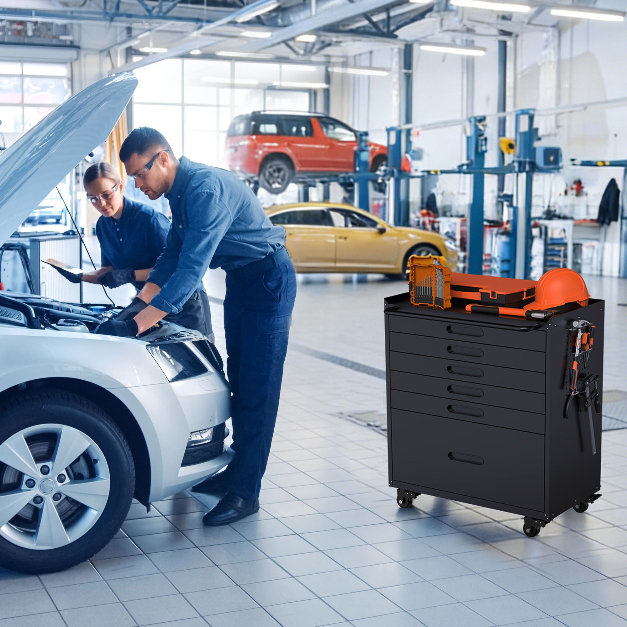 Rolling Tool Cabinet Heavy Duty Garage Storage With Lockable Doors &amp; Drawers