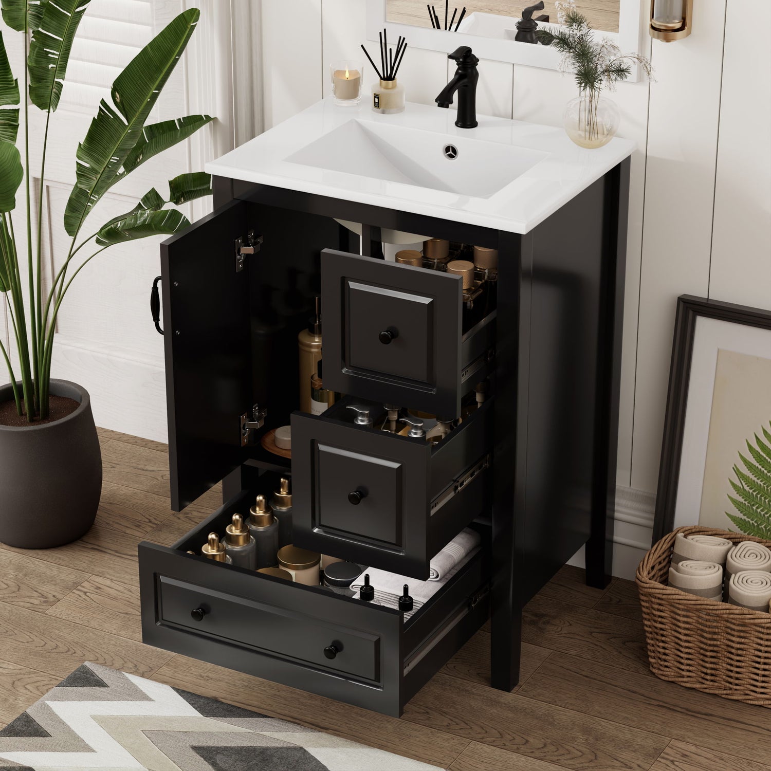 Retro Bathroom Vanity With Sink, Soft Closing Cabinet &amp; Drawers