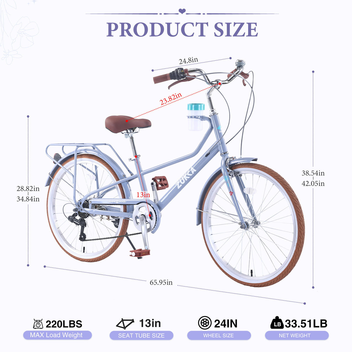 24" Cruiser Bike With 6 Speed Gear System, Rear Rack &amp; Cup Holder