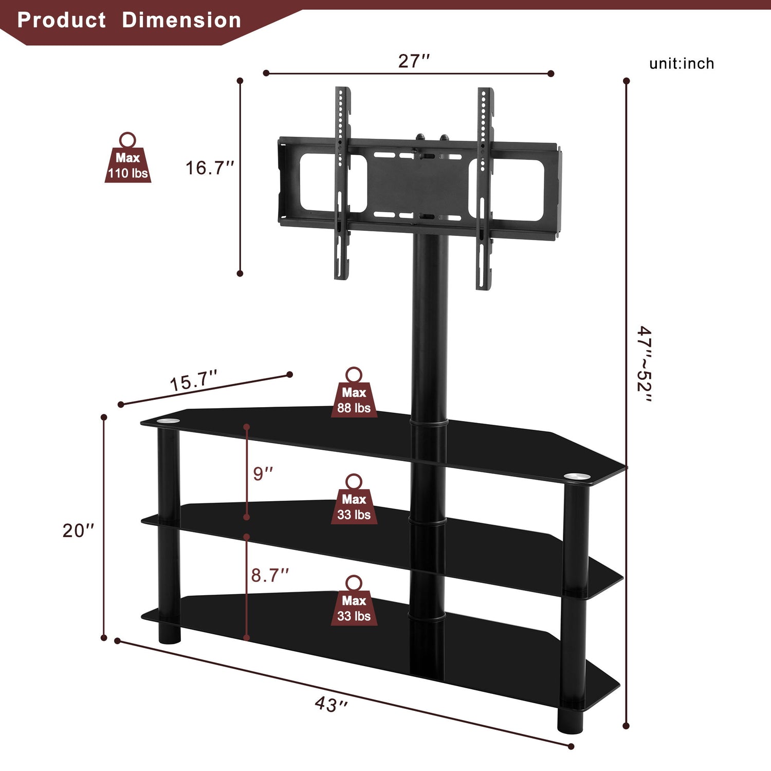 43.3&quot; Multi-Function TV Stand Height Adjustable Bracket Swivel 3 Tier - Black