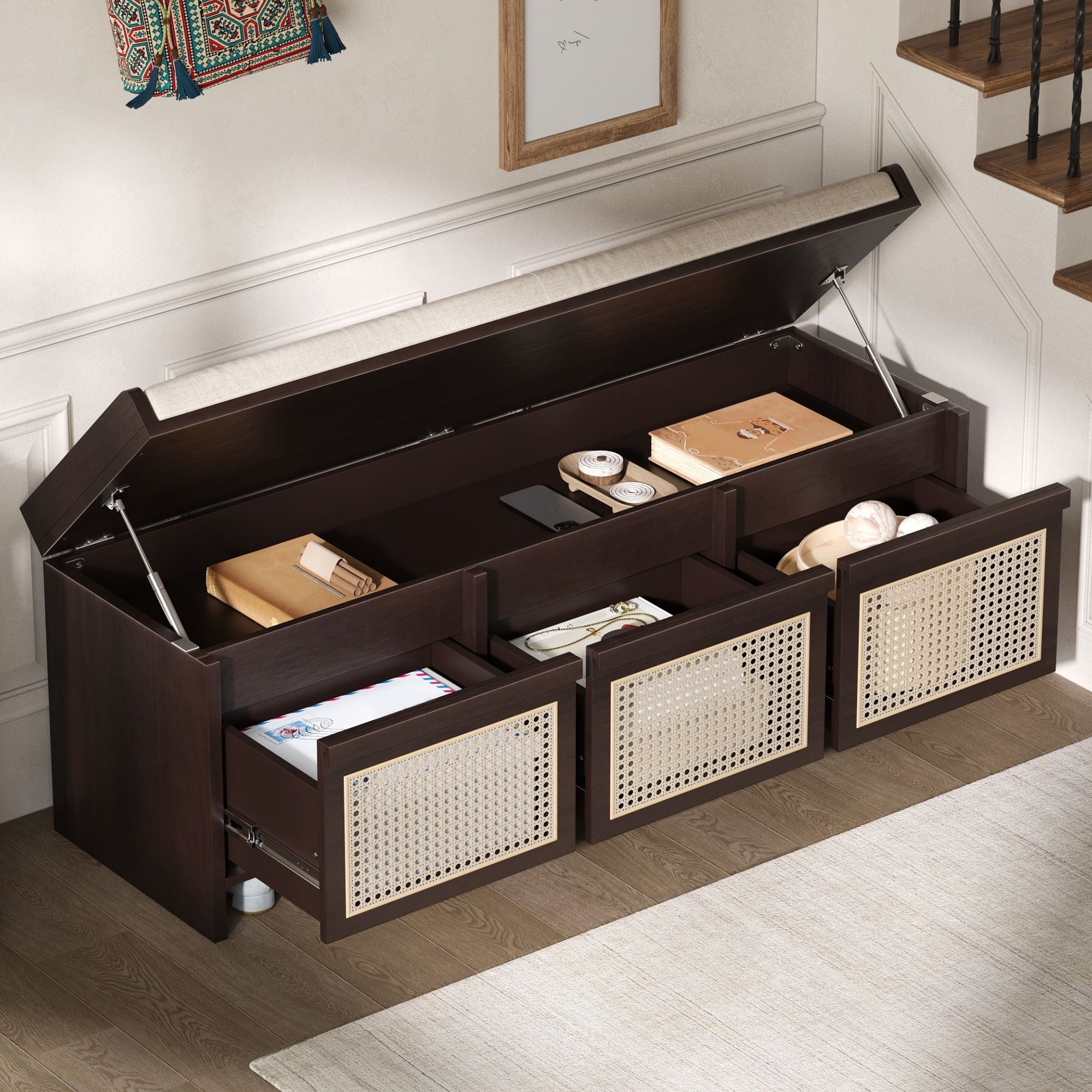 Entryway Shoe Bench With Drawers &amp; Button Tufted Cushion
