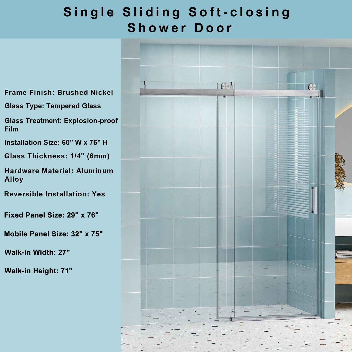 Frameless Soft-Closing Shower Door, 1/4&quot; (6 Mm) Tempered Glass Single Sliding With Explosion Proof Coating