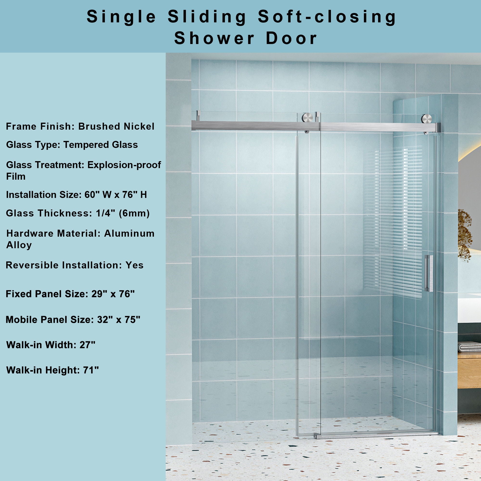 Frameless Soft-Closing Shower Door, 1/4&quot; (6 Mm) Tempered Glass Single Sliding With Explosion Proof Coating