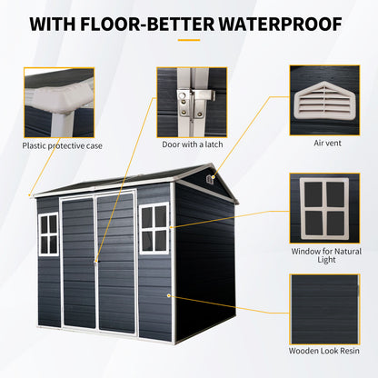 Resin Outdoor Storage Shed Waterproof Shed With Floor &amp; Two Windows &amp; Lockable Door, Tool Shed For Garden, Patio, Backyard