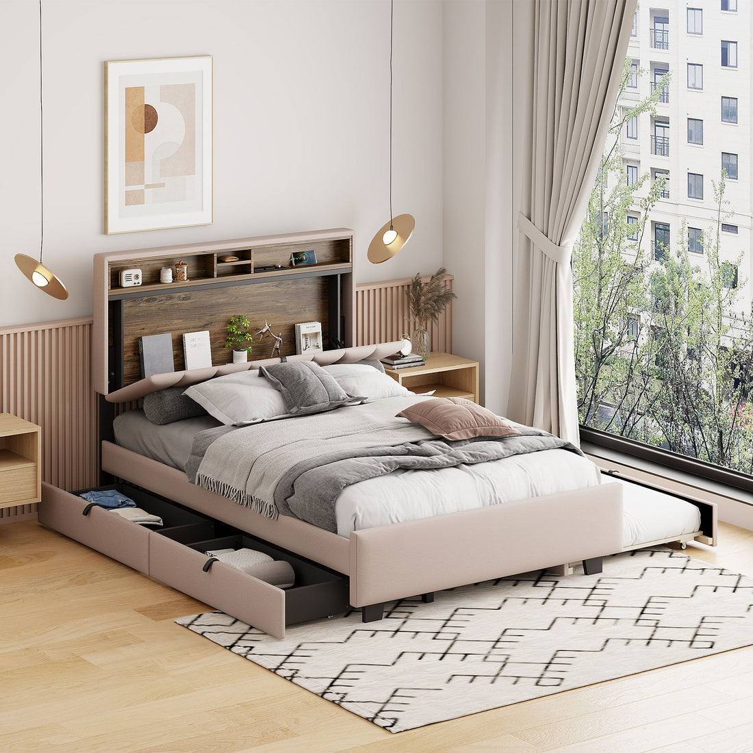 Upholstered Platform Bed With Storage Headboard, Trundle &amp; 2 Drawers And A Set Of Sockets &amp; USB Ports